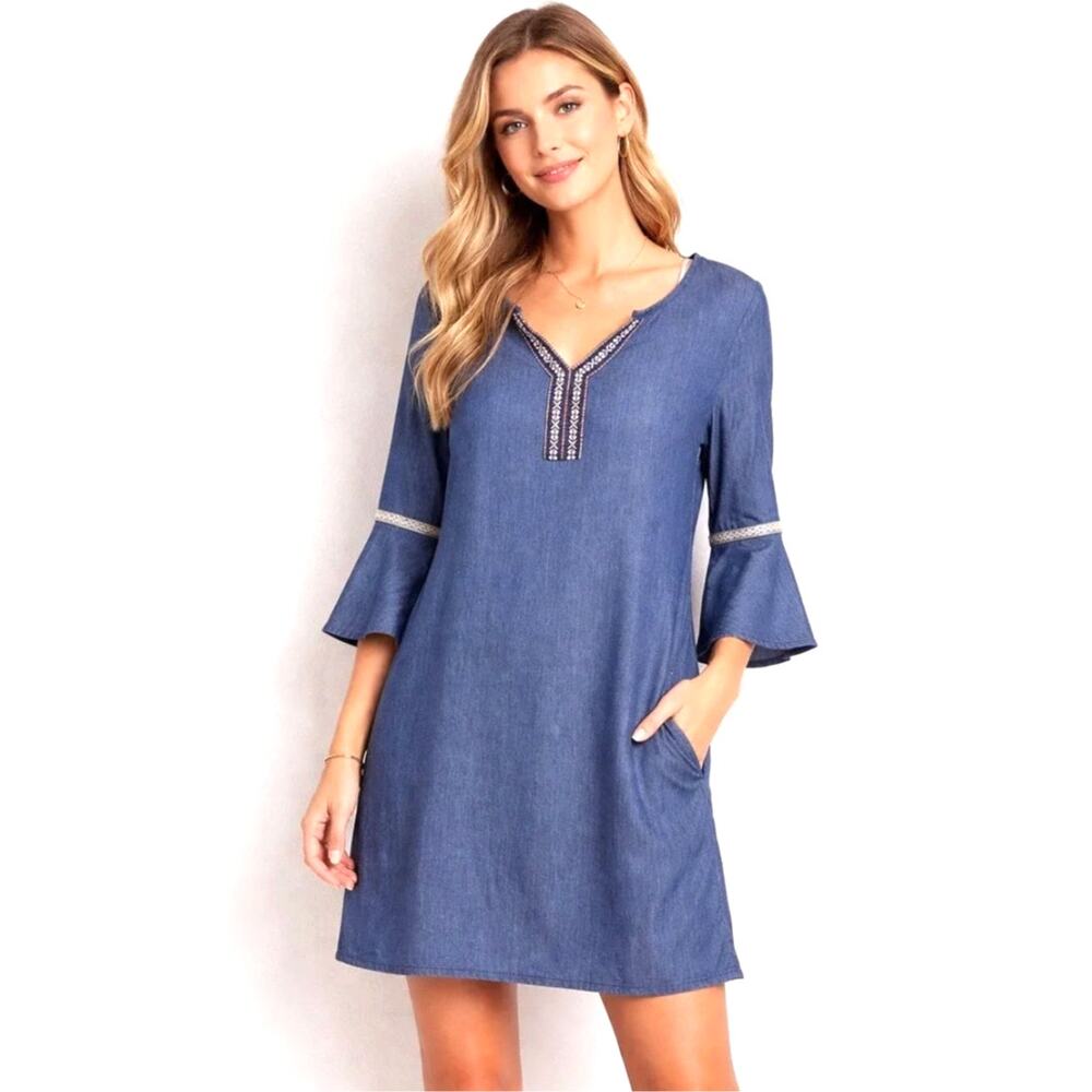 Naif Chambray Embroidered Midi Dress Womens L Boho Festival Bell Sleeve